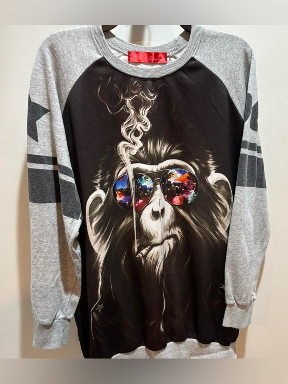 Rare Smoking Monkey Graphic Chimp Sweatshirt with Reflective Sunglasses Print